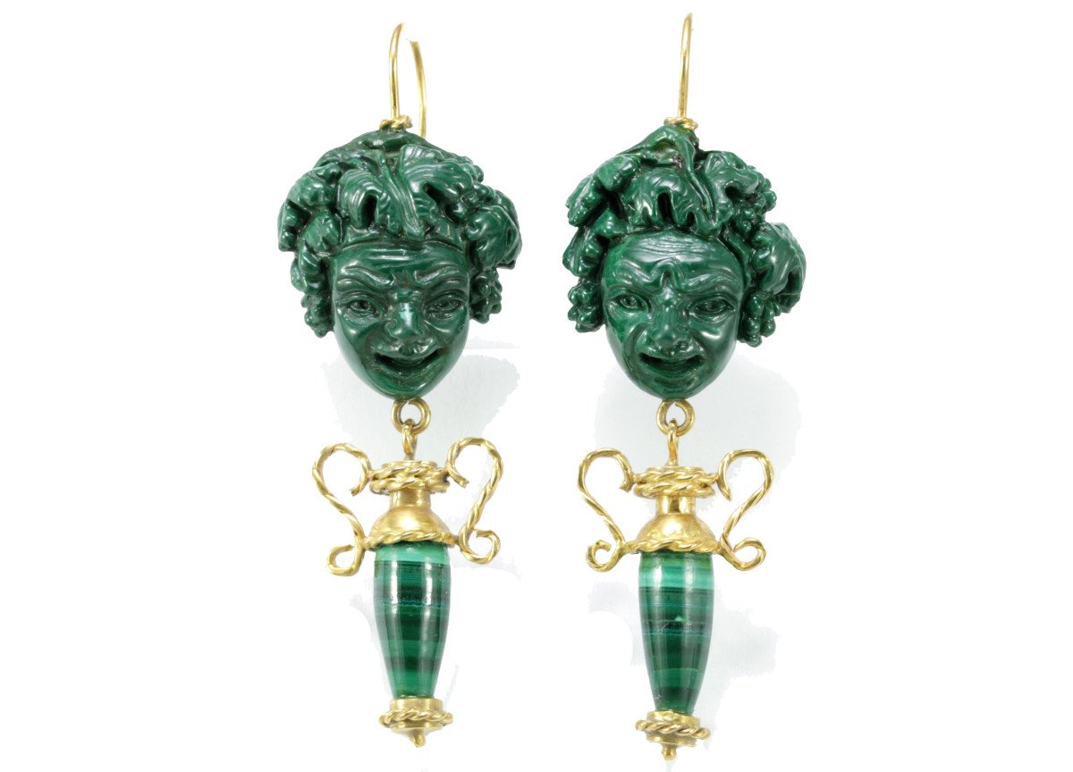 Boucles d'Oreilles Anciennes Or Malachite  Camee