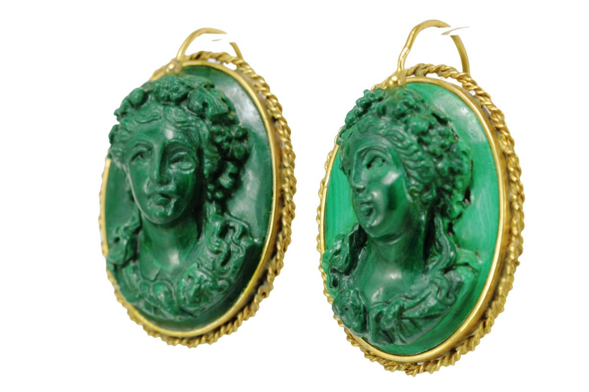 Boucles d'Oreilles Anciennes Or Malachite  Camee-photo-2