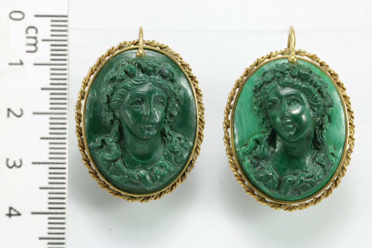 Boucles d'Oreilles Anciennes Or Malachite  Camee-photo-1