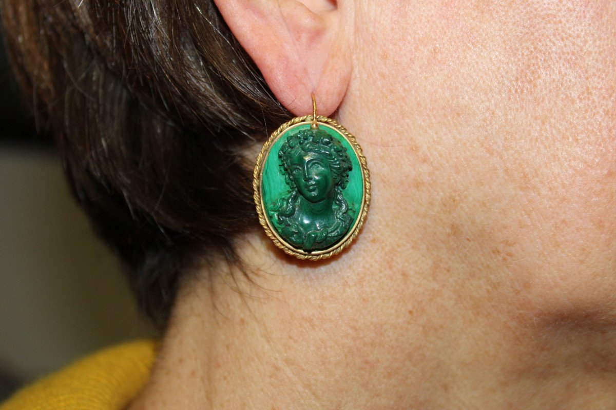 Boucles d'Oreilles Anciennes Or Malachite  Camee-photo-3