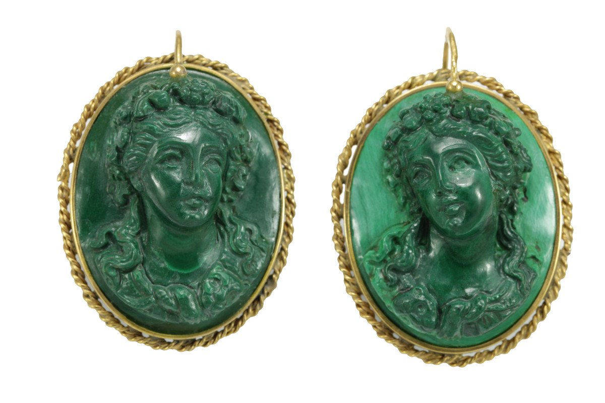 Boucles d'Oreilles Anciennes Or Malachite  Camee