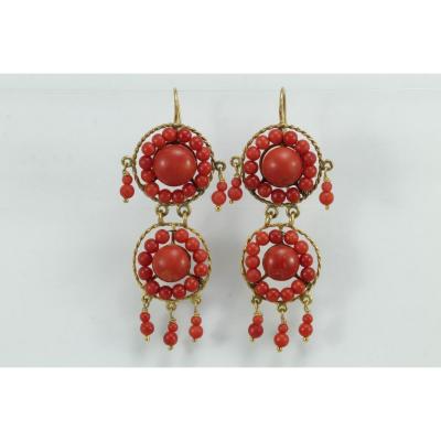 Boucles d'Oreilles Anciennes Or Corail