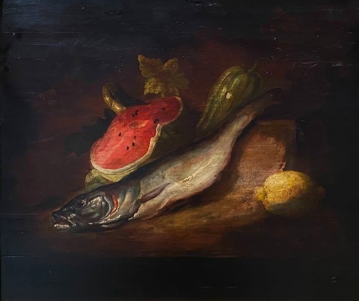 Special Prix!huile Sur Bois 19ème Siècle Nature Morte Avec Pastèque, Merlu Et Citron-photo-2