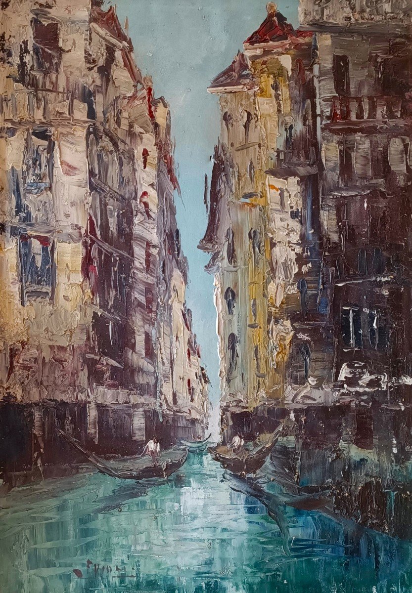 Olio su tela scorcio di Venezia con gondola del 1960 Firmato-photo-4