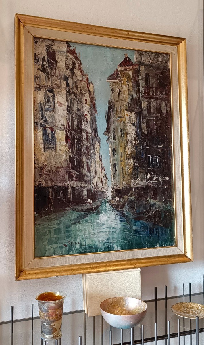 Olio su tela scorcio di Venezia con gondola del 1960 Firmato-photo-1