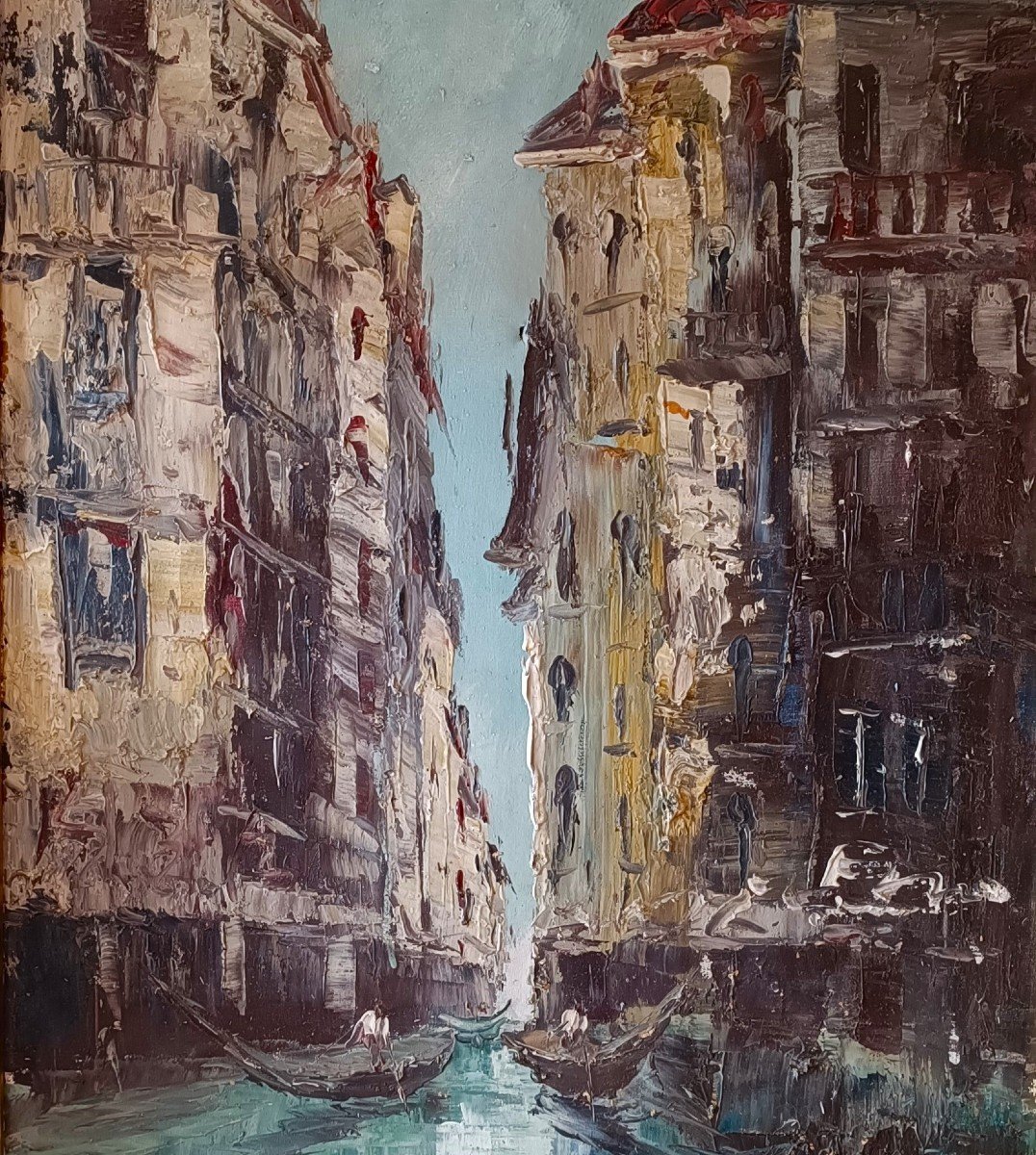 Olio su tela scorcio di Venezia con gondola del 1960 Firmato-photo-2