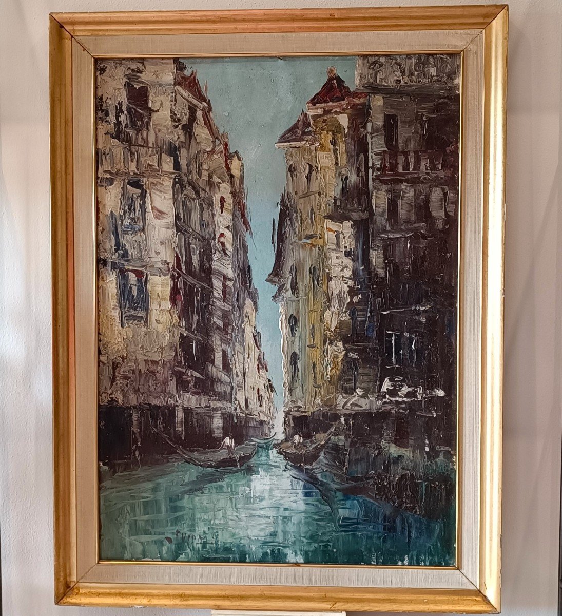 Olio su tela scorcio di Venezia con gondola del 1960 Firmato