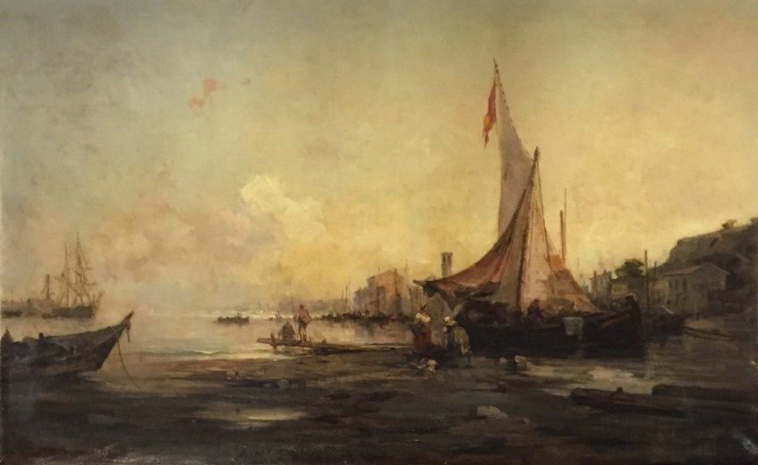 Spettacolare olio su tela Marina con Laguna di Venezia datato 1877-photo-2