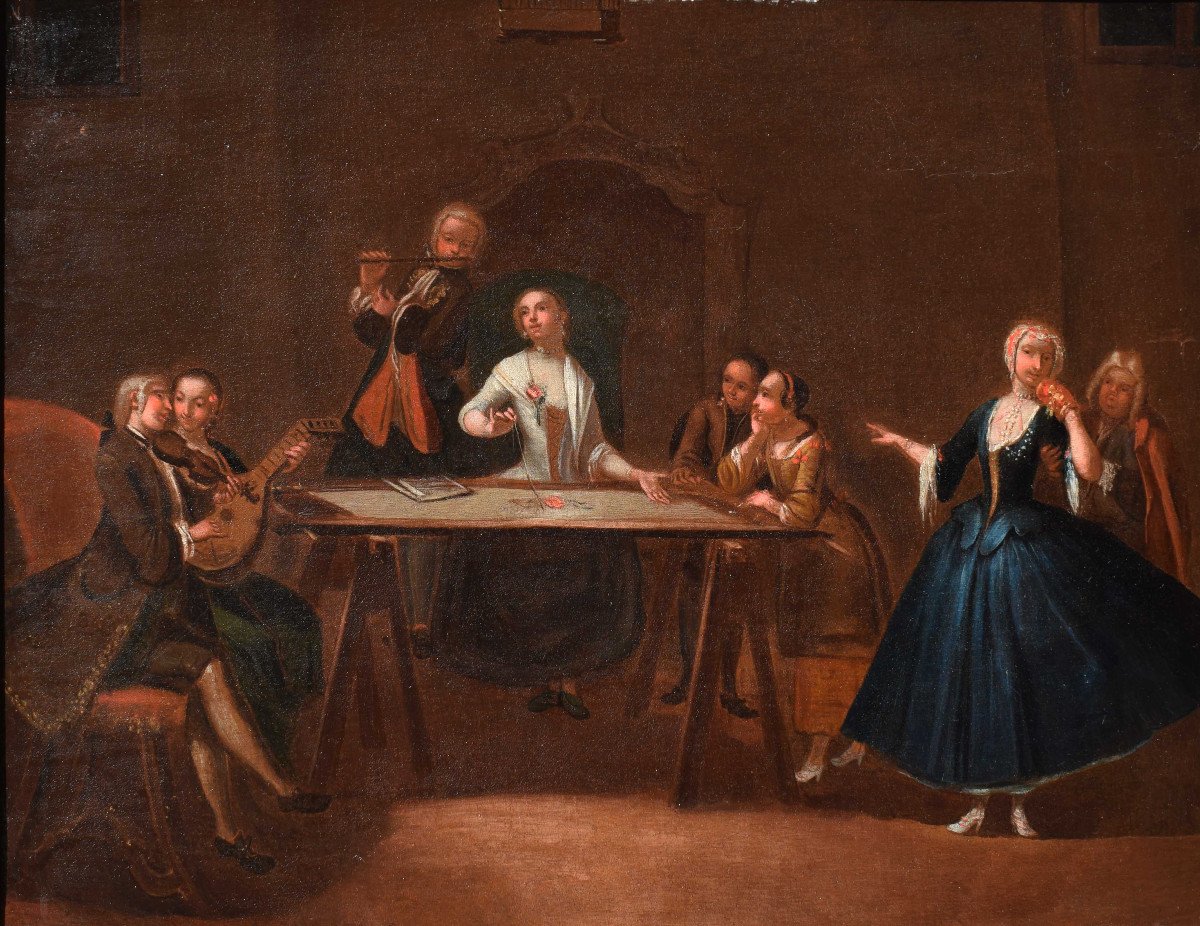 Cerchia di Pietro Longhi ( 1701 – 1785) Scena di concerto Olio su tele dipinto-photo-2