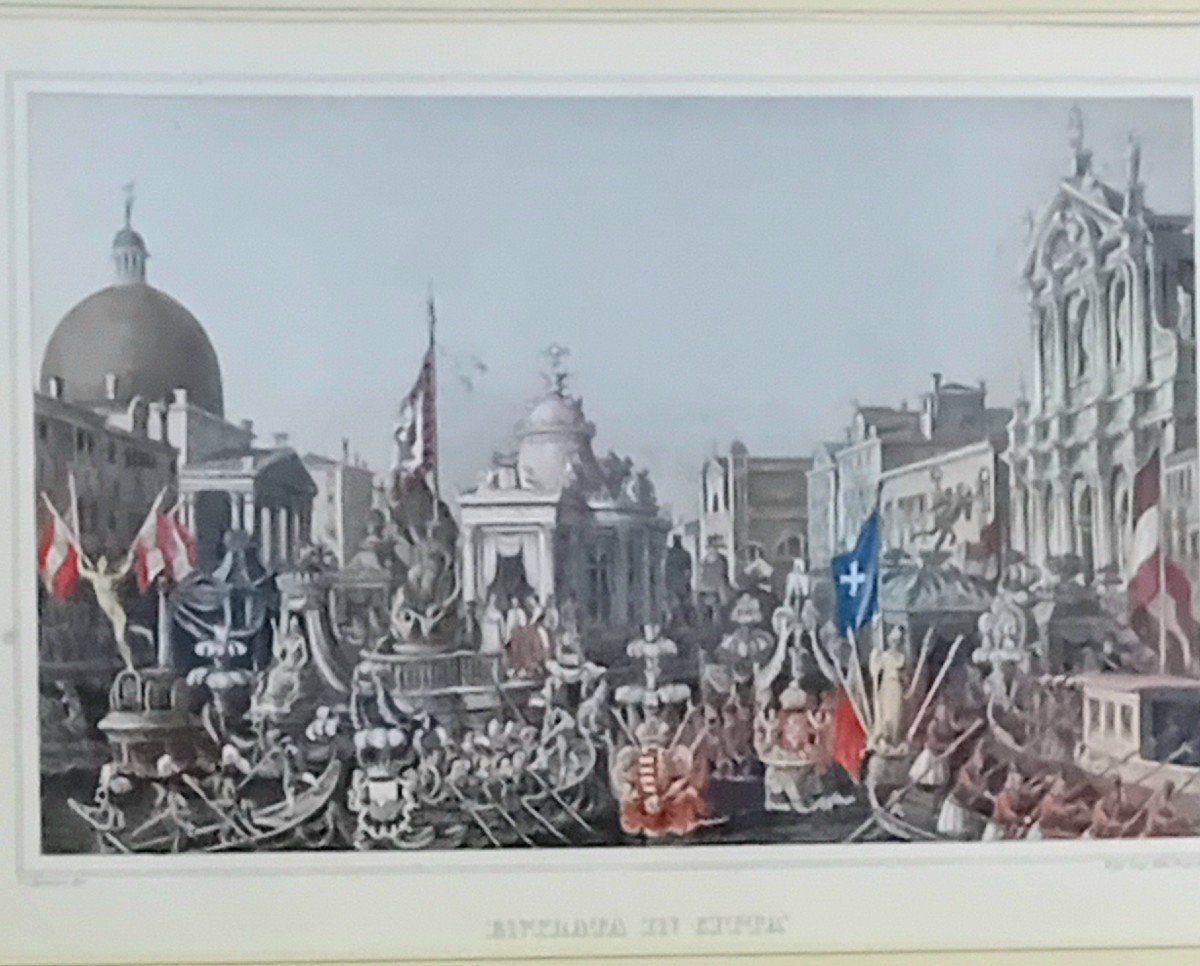 Antica stampa a colori della parata a Venezia dell'Imperatrice Sissi