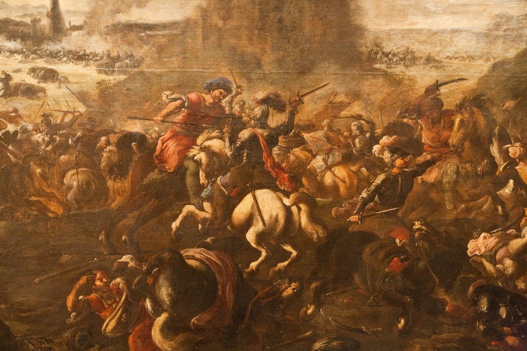 Grande dipinto su tela " battaglia equestre" cerchia di Salvator Rosa