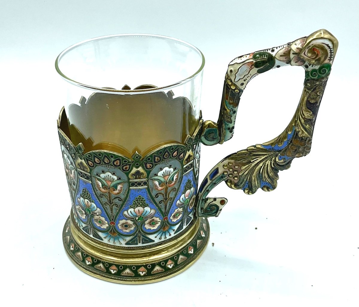 Russian silver enamel glass holder