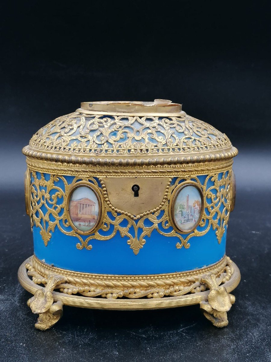 Exclusif Grand Coffret/boîte En Verre Opalin Bleu Avec Des Miniatures De Paris/palais-royal-photo-2