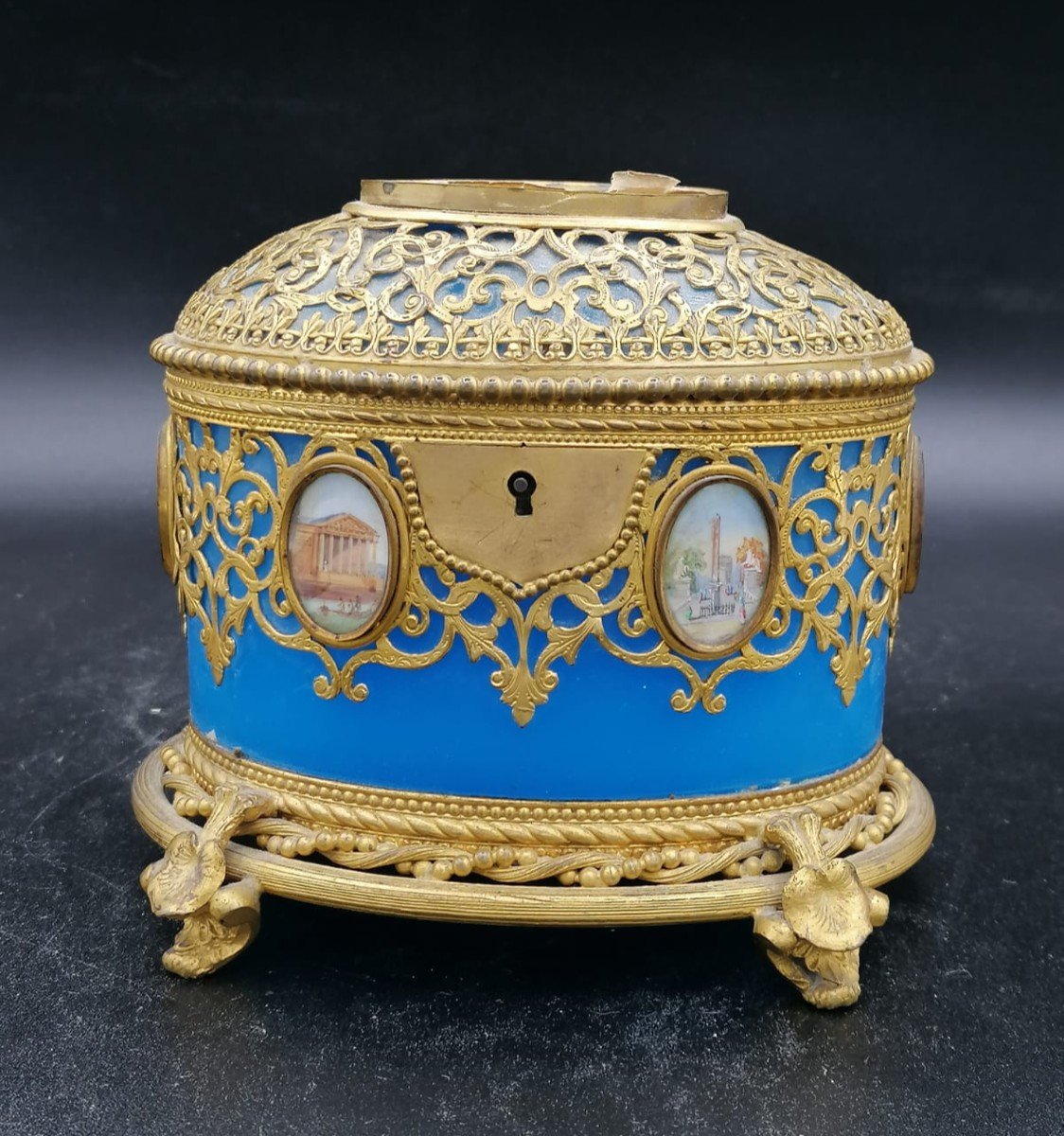 Exclusif Grand Coffret/boîte En Verre Opalin Bleu Avec Des Miniatures De Paris/palais-royal