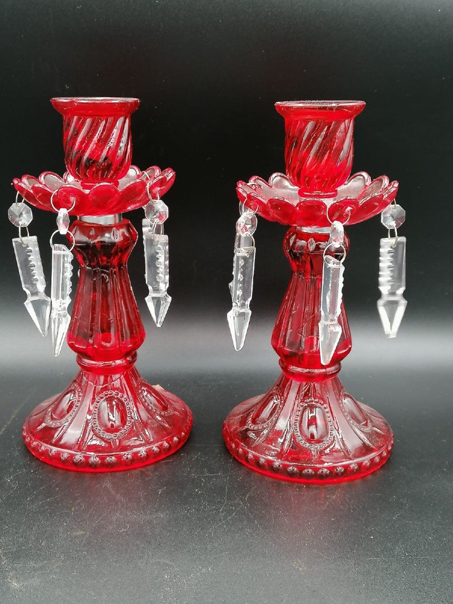 Paire de bougeoirs en verre de Bohême rubis-photo-1