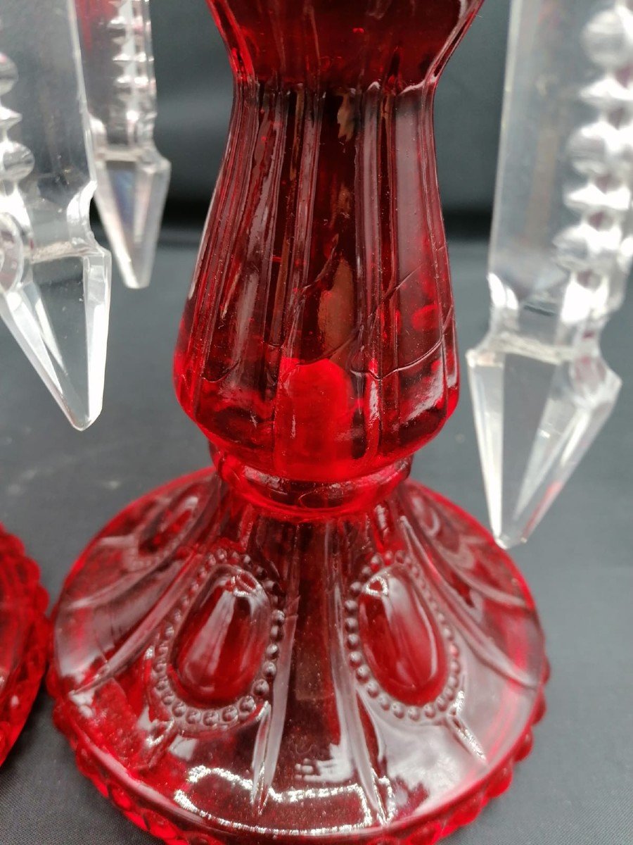 Paire de bougeoirs en verre de Bohême rubis-photo-3