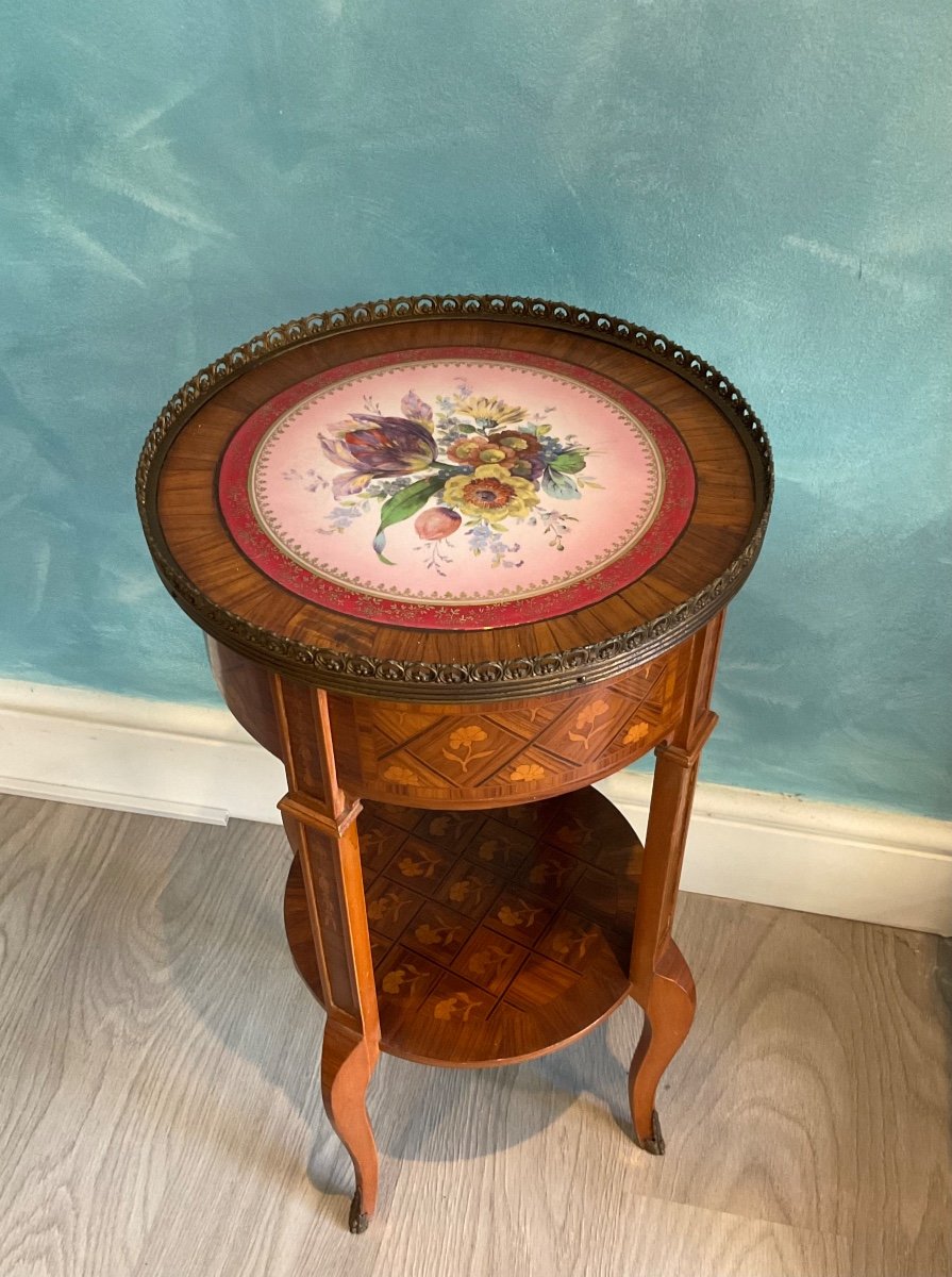 Table Basse Ancienne En Marqueterie Avec Plateau En Porcelaine, XIX Siecle -photo-3