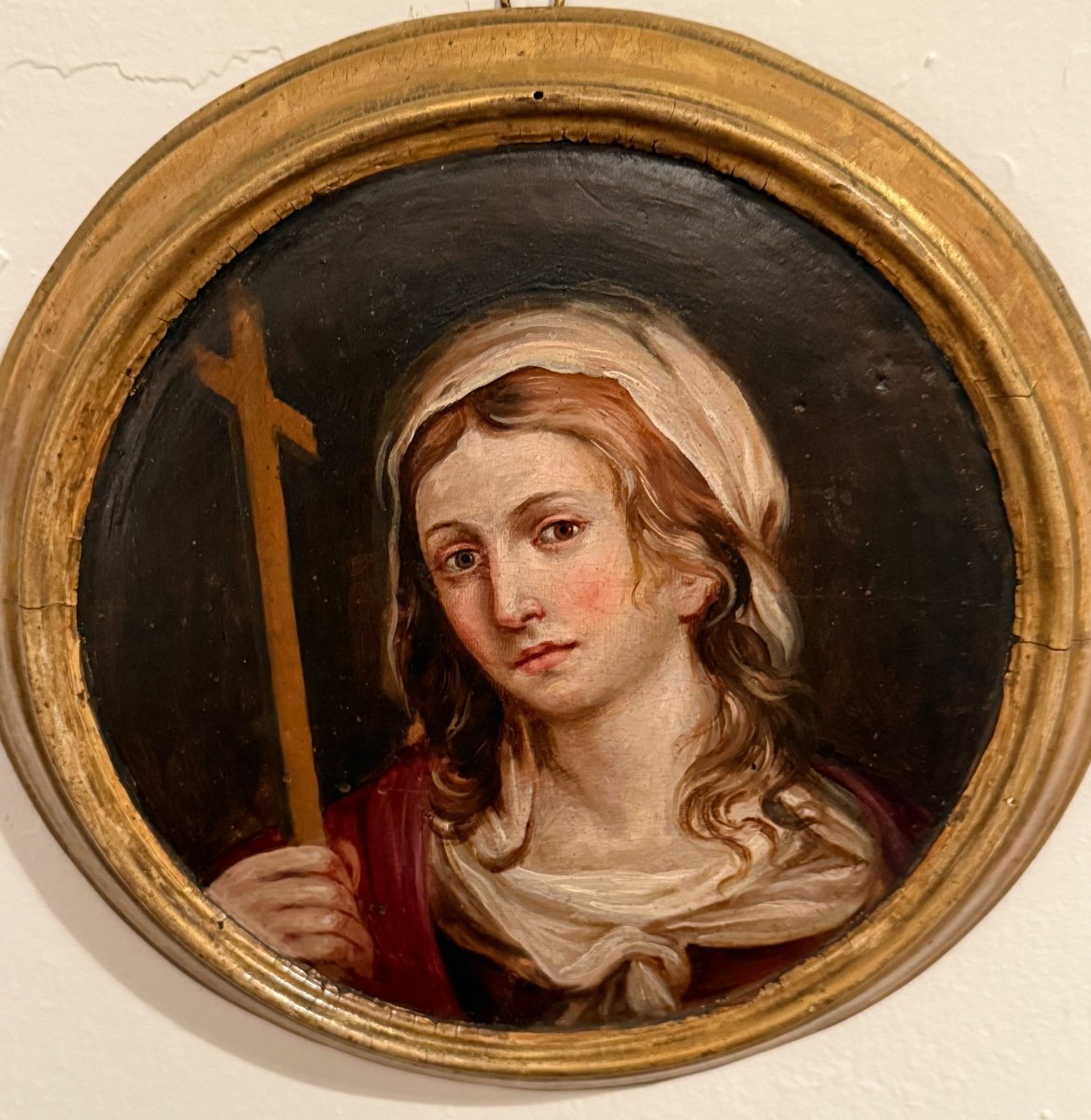 OLIO SU TAVOLA RAFFIGURANTE MADONNA CON CROCIFISSO