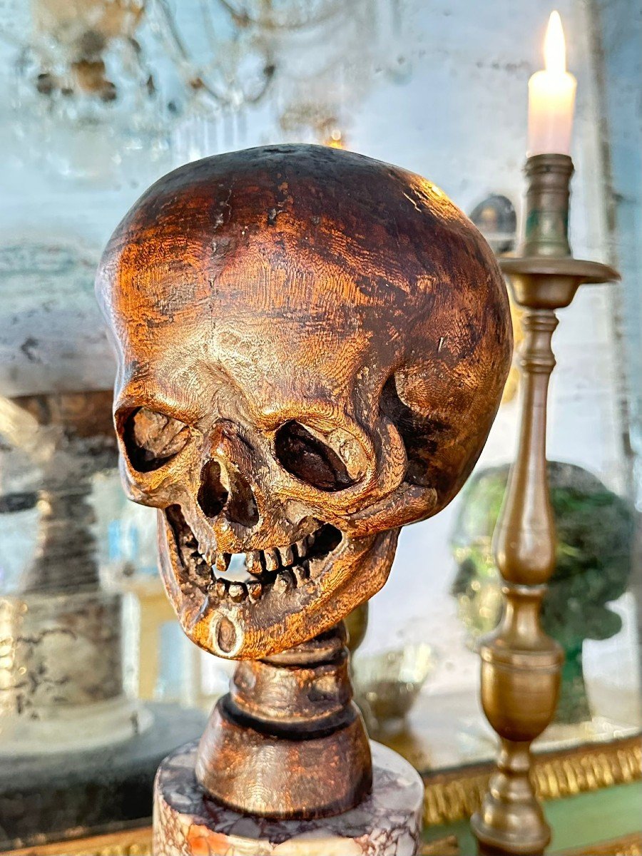 Scultura in legno di olmo raffigurante una bella Vanitas o “memento mori”.-photo-2