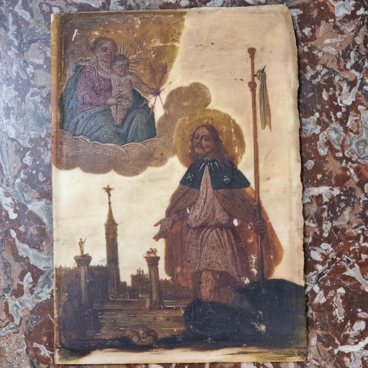 Madonna con Bambino, San rocco, il leone e Venezia, Olio su alabastro, Epoca '400-photo-3