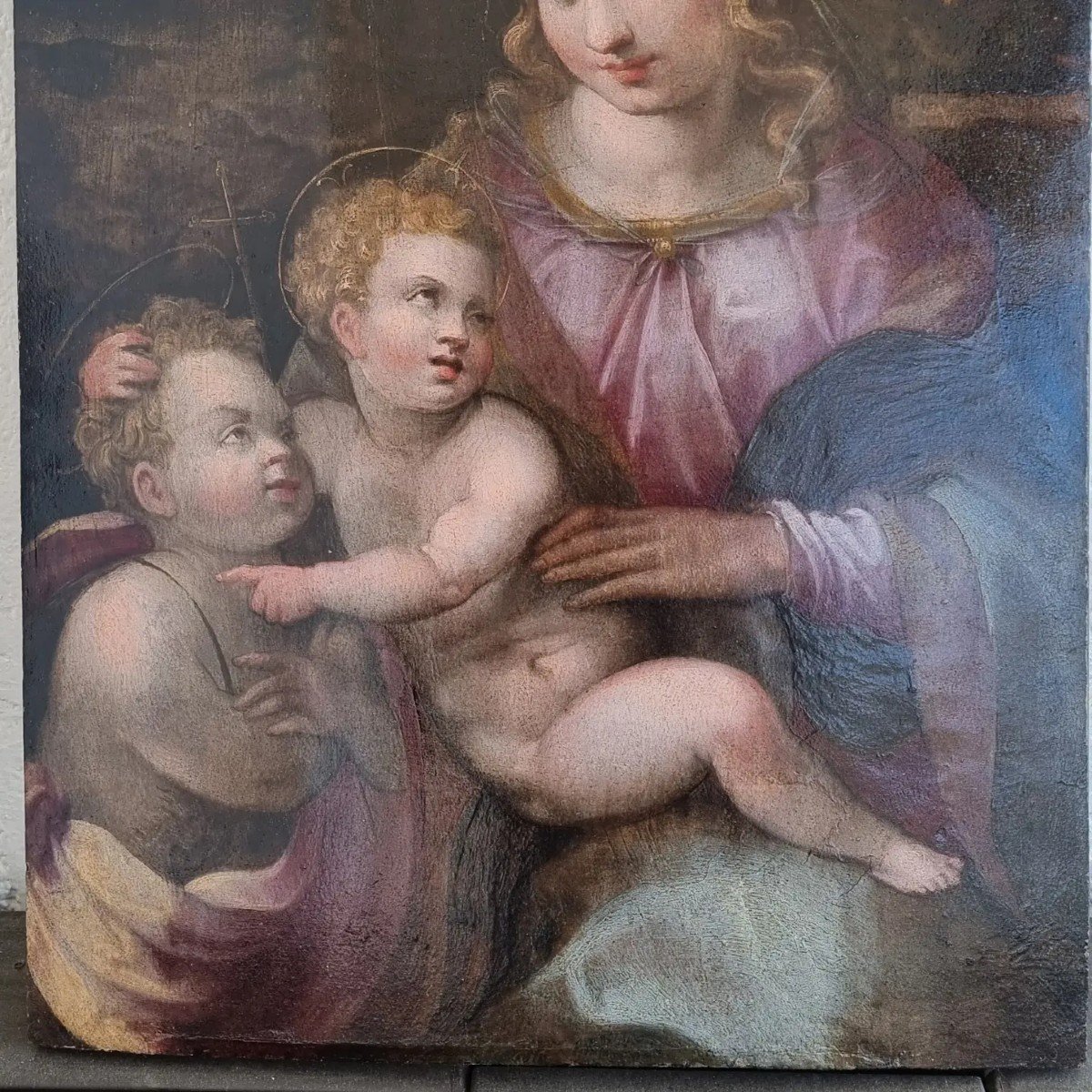 Madonna con bambino e San Giovannino, Olio su tavola, Epoca '500-photo-2