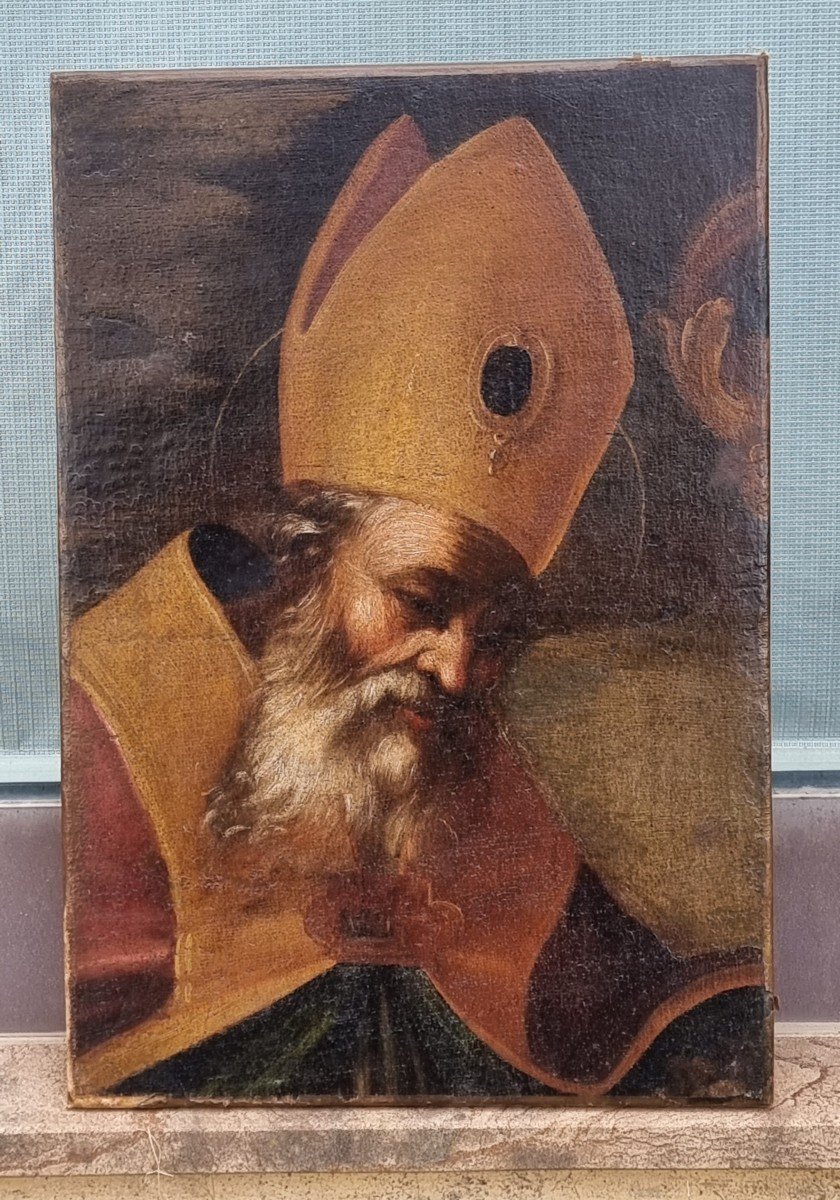 Frammento olio su tela raffigurante Santo, Epoca '600;