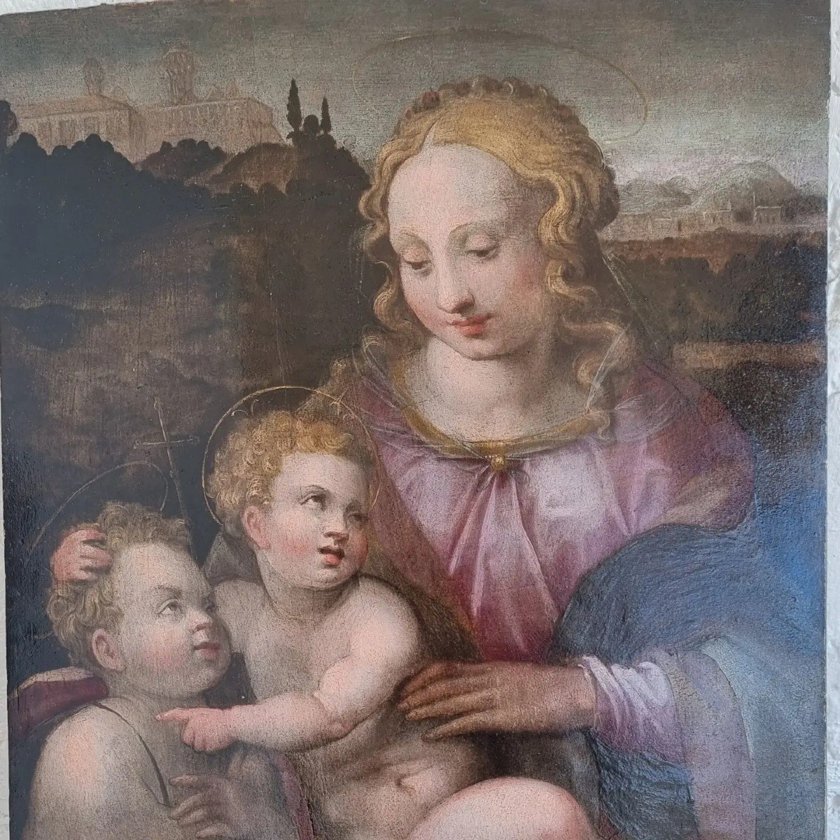 Madonna con bambino e San Giovannino, Olio su tavola, Epoca '500-photo-2