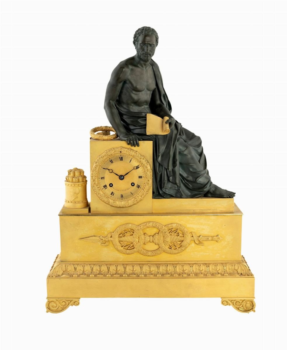 Orologio in bronzo dorato con la figura di Platone