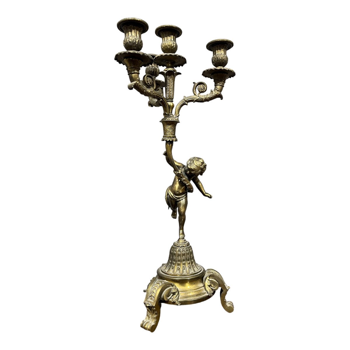 Coppia di candelabri con sculture in bronzo dorato-photo-3