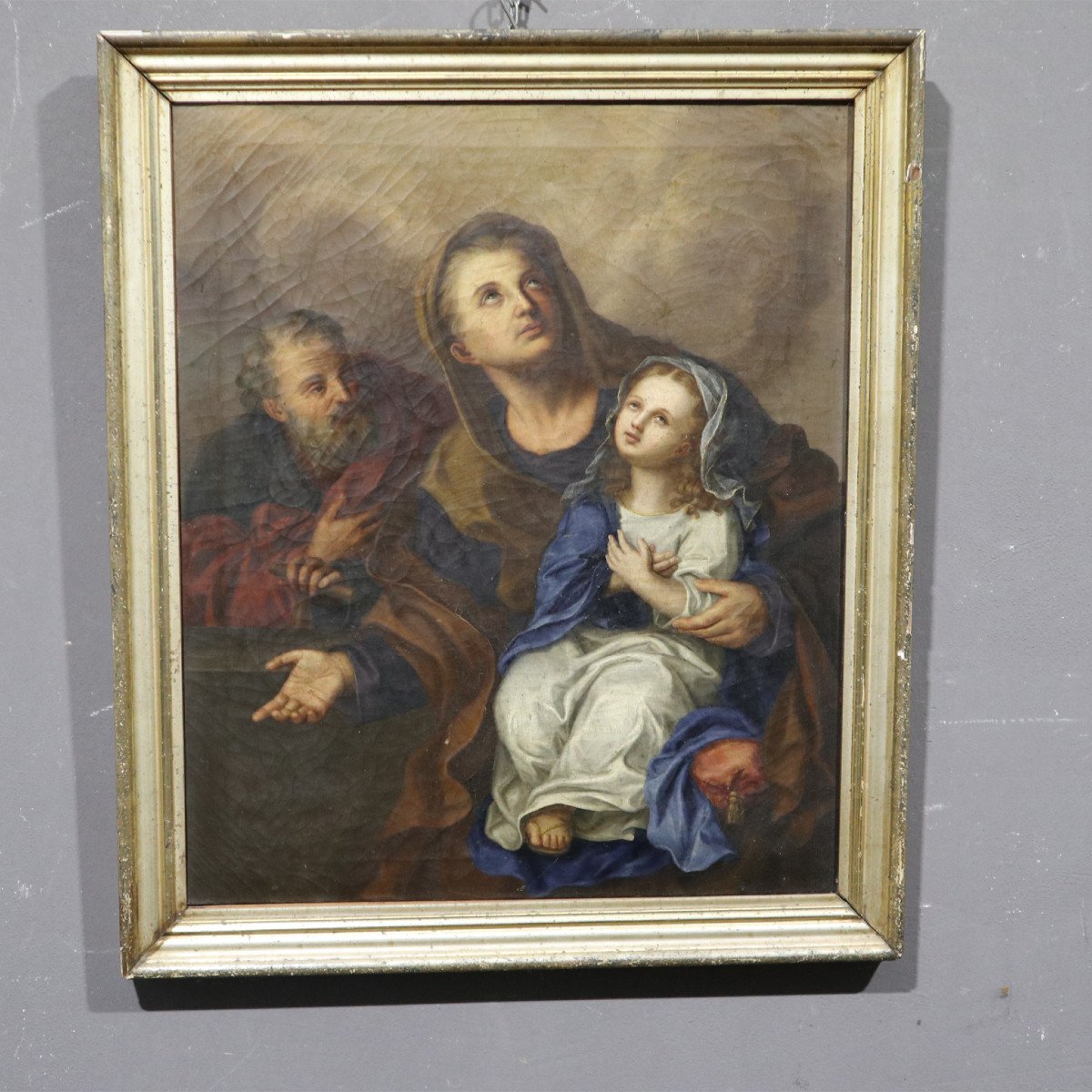 Antico dipinto ad olio raffigurante i Santi Gioacchino e Anna con la Vergine Bambina