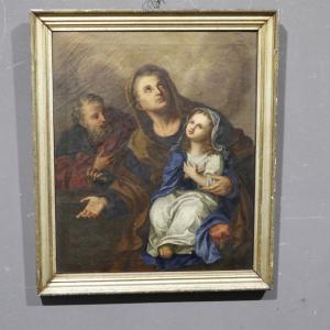 Antico dipinto ad olio raffigurante i Santi Gioacchino e Anna con la Vergine Bambina