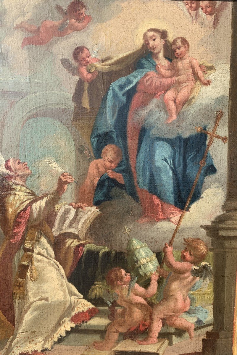 Pittore veneziano (XVIII sec.) - Madonna con Bambino, santo in adorazione e cherubini.-photo-3