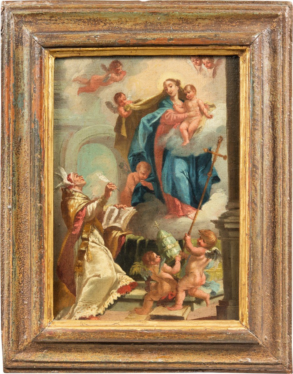 Pittore veneziano (XVIII sec.) - Madonna con Bambino, santo in adorazione e cherubini.