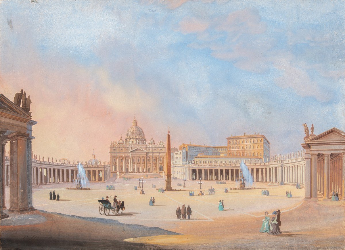 Seguace di Ippolito Caffi (Belluno 1809 - Lissa 1866) - Roma, veduta di Piazza San Pietro.