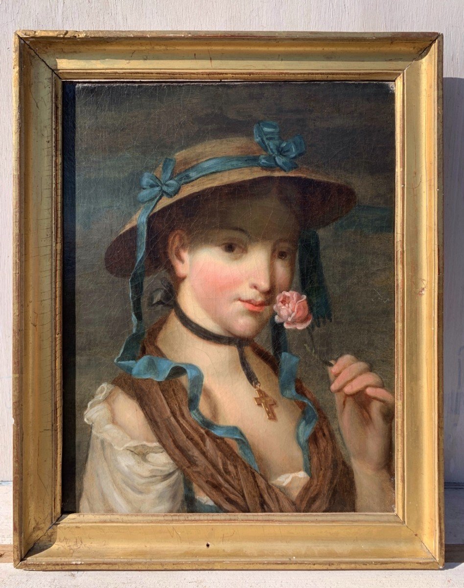 Pittore francese (XVIII sec.) - Ritratto di pastorella con rosa.-photo-2