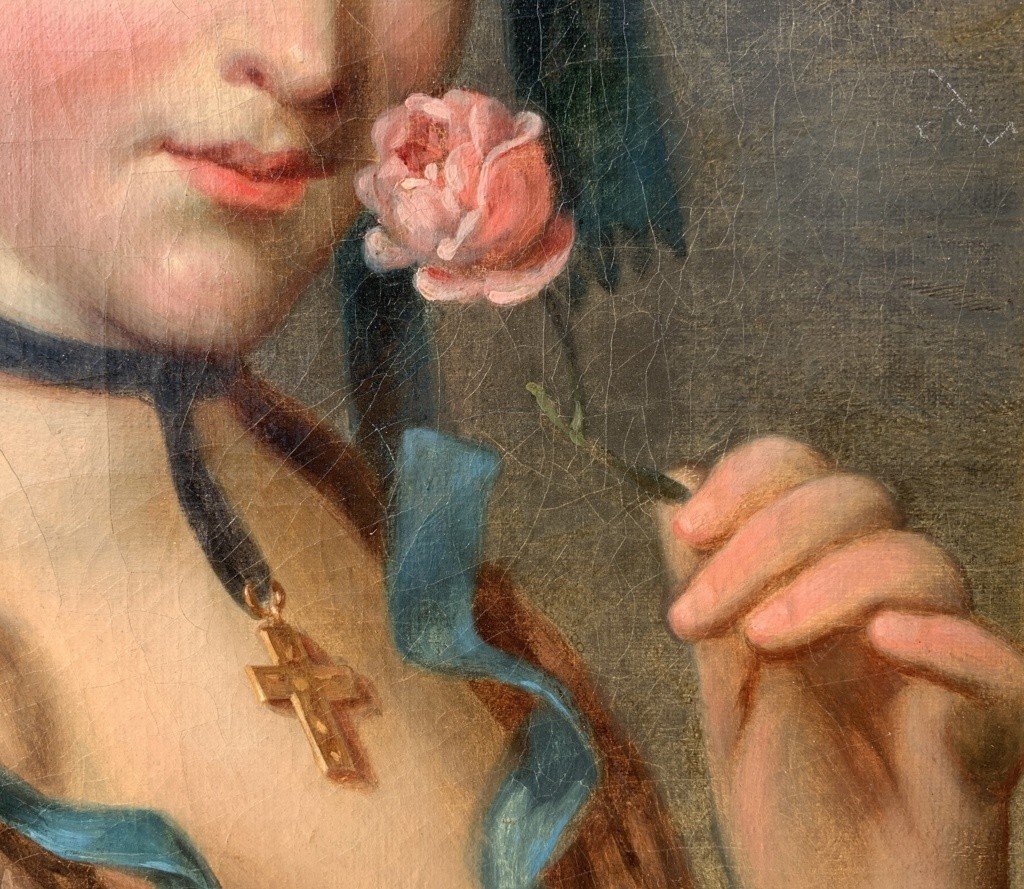 Pittore francese (XVIII sec.) - Ritratto di pastorella con rosa.-photo-4