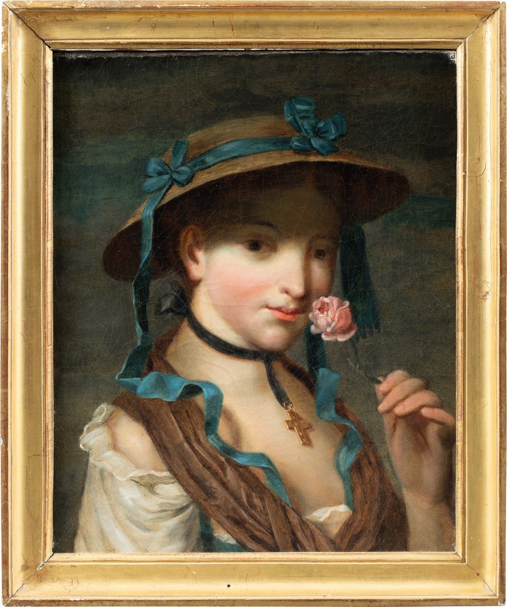 Pittore francese (XVIII sec.) - Ritratto di pastorella con rosa.