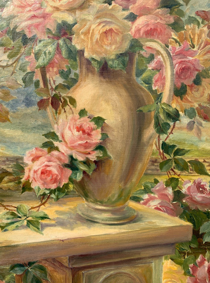 Pittore francese (datato 1919) - Natura morta con vaso di rose.-photo-3