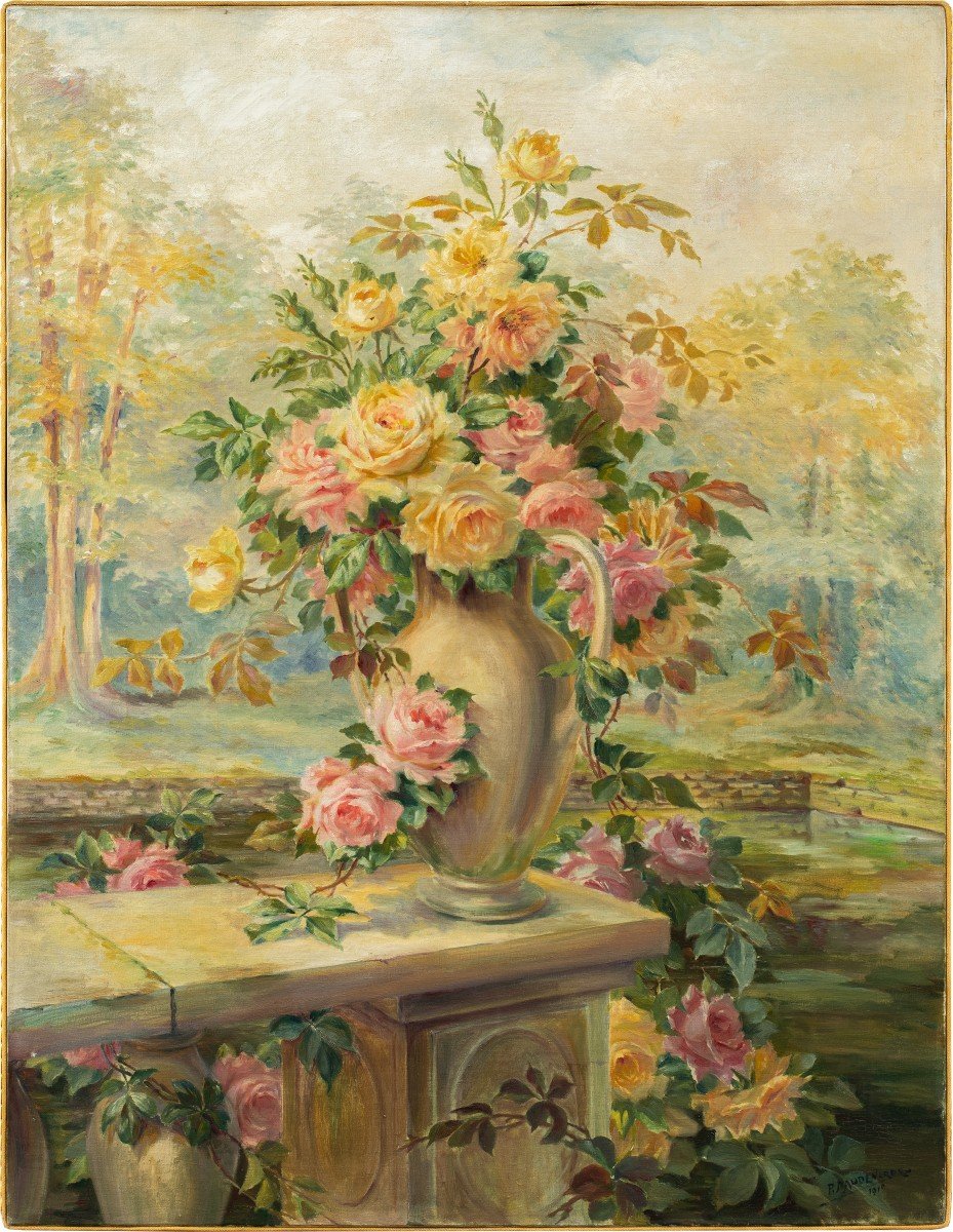 Pittore francese (datato 1919) - Natura morta con vaso di rose.