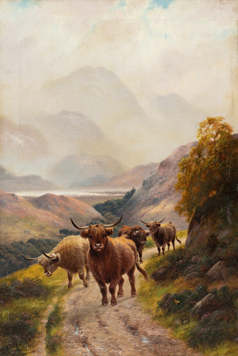 Harald R. Hall (British, 1866 - 1902) - Mandria di Highlander lungo il sentiero.