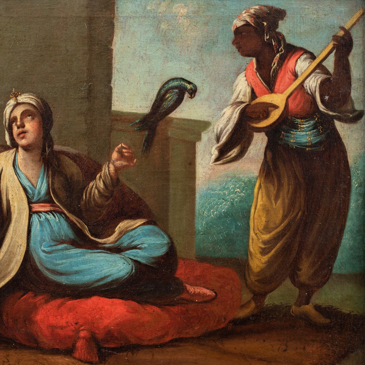 Pittore veneziano (XVIII secolo) - Nobili turchi con pappagallo e suonatore.-photo-2