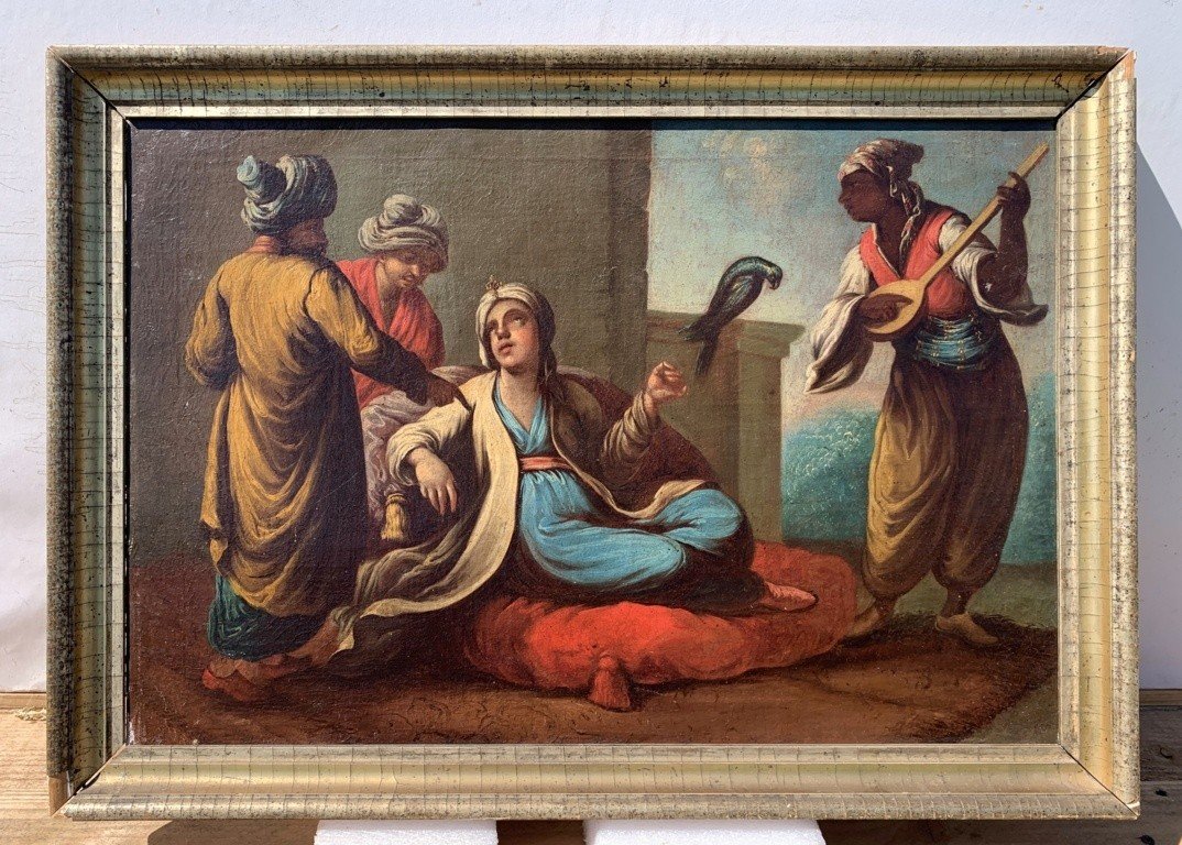 Pittore veneziano (XVIII secolo) - Nobili turchi con pappagallo e suonatore.-photo-3