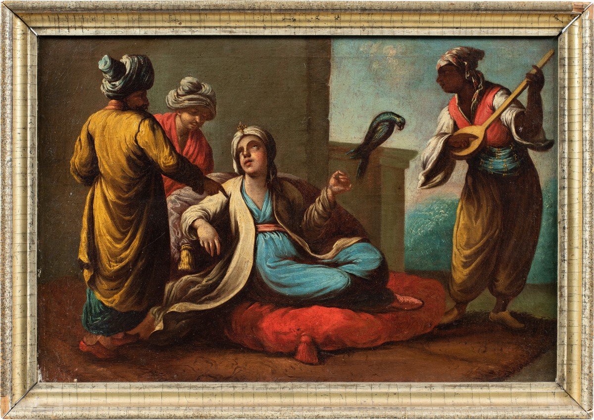 Pittore veneziano (XVIII secolo) - Nobili turchi con pappagallo e suonatore.