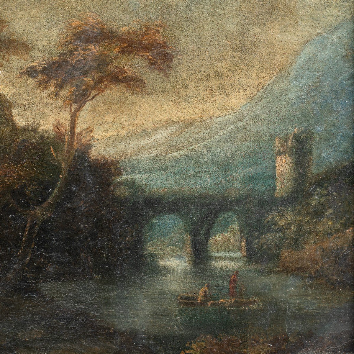Pittore italiano (XVIII sec.) - Paesaggio fluviale con personaggi.-photo-2