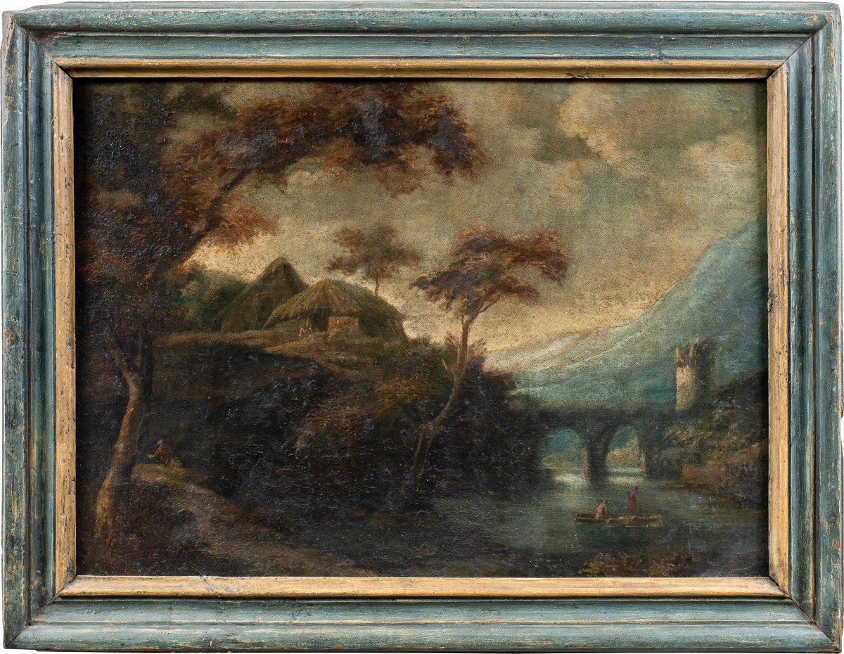 Pittore italiano (XVIII sec.) - Paesaggio fluviale con personaggi.