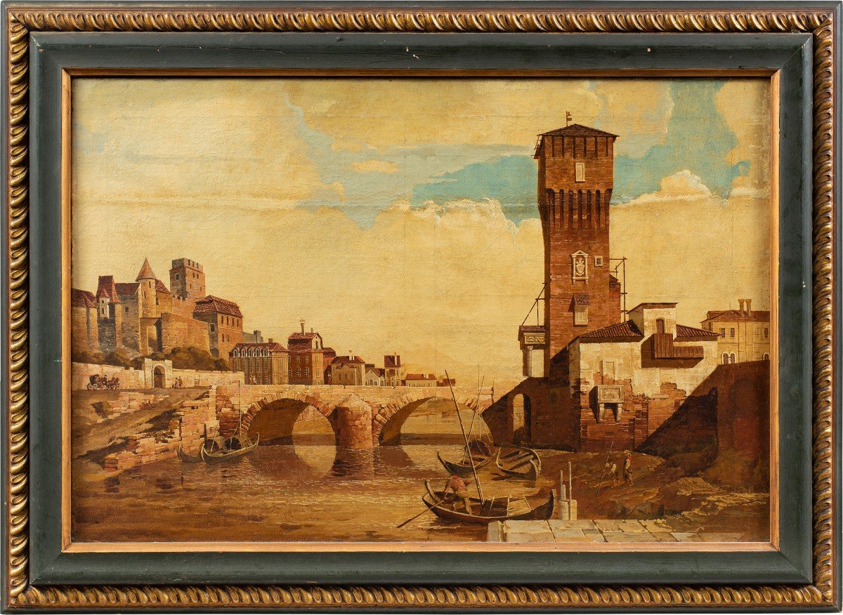 Seguace di Bernardo Bellotto (XIX) - Capriccio padovano con la torre del Vecchio Osservatorio