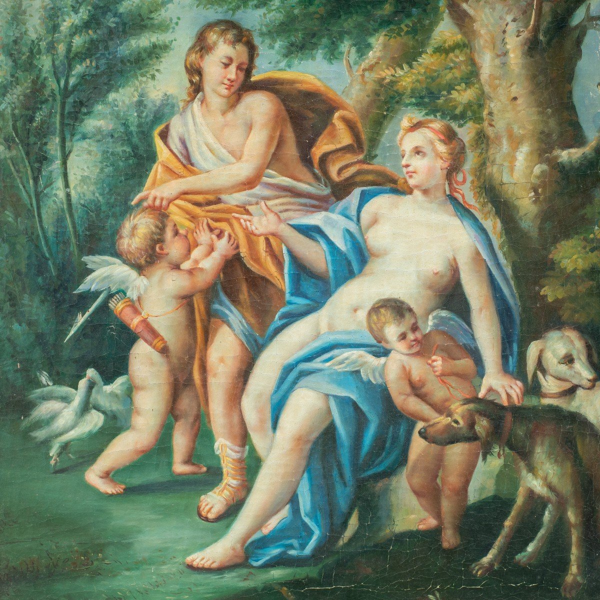 Seguace di François Lemoyne (XIX sec.) - Scena mitologica con due putti e levrieri.-photo-2