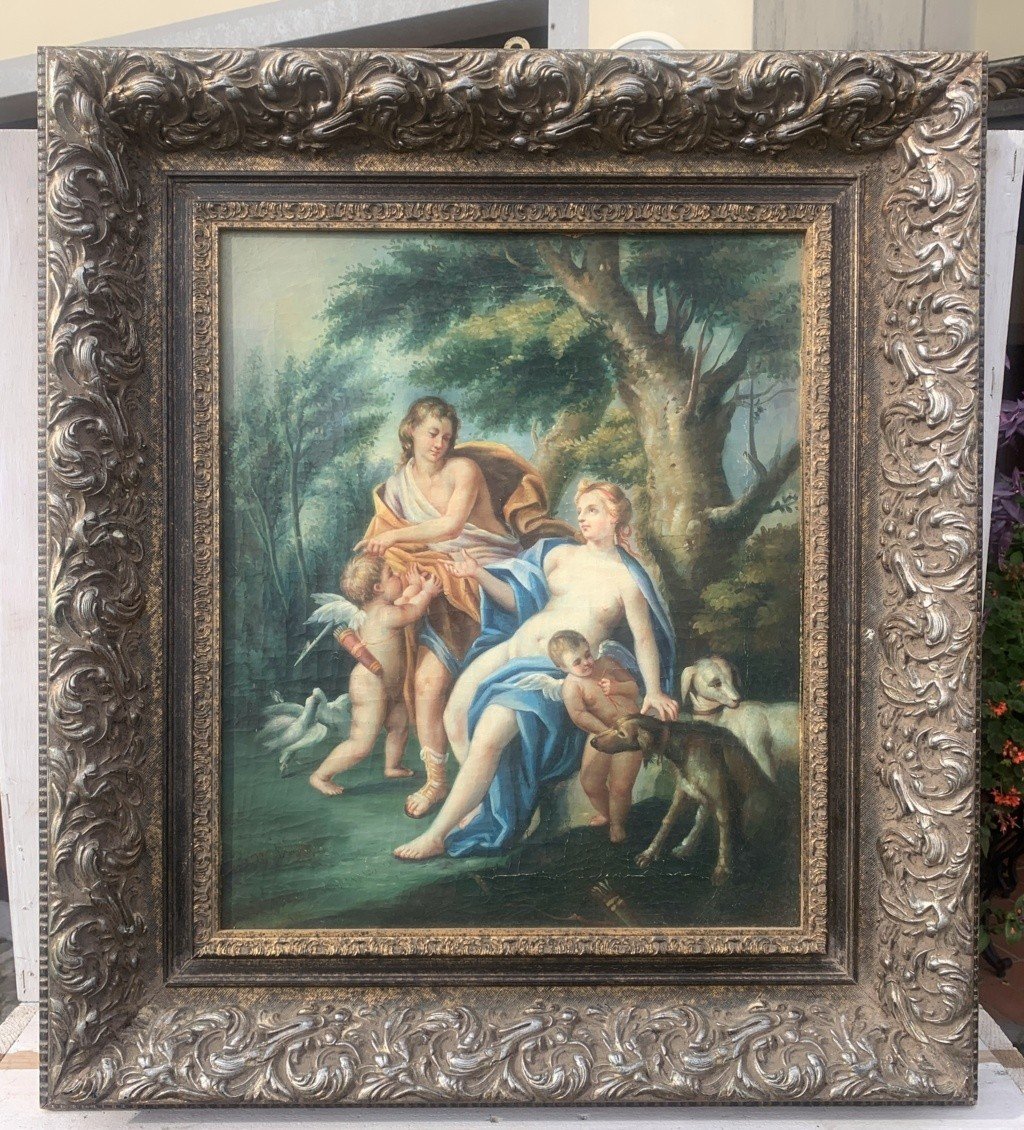 Seguace di François Lemoyne (XIX sec.) - Scena mitologica con due putti e levrieri.-photo-4