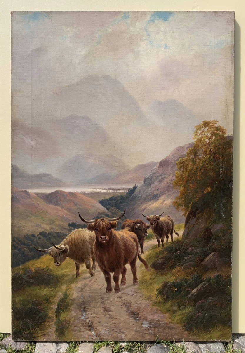 Harald R. Hall (British, 1866 - 1902) - Mandria di Highlander lungo il sentiero.-photo-4