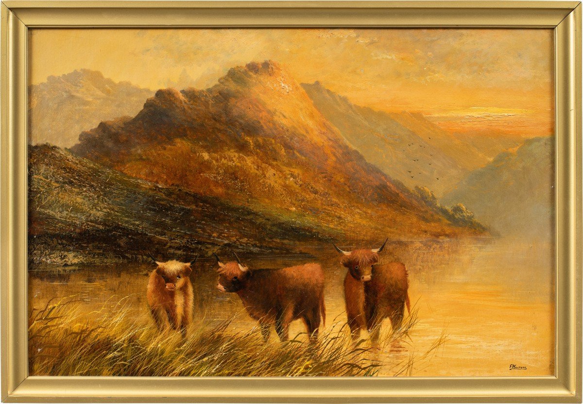 Frank Walters (British, fine XIX sec.) - Bestiame delle Highlands al lago. 